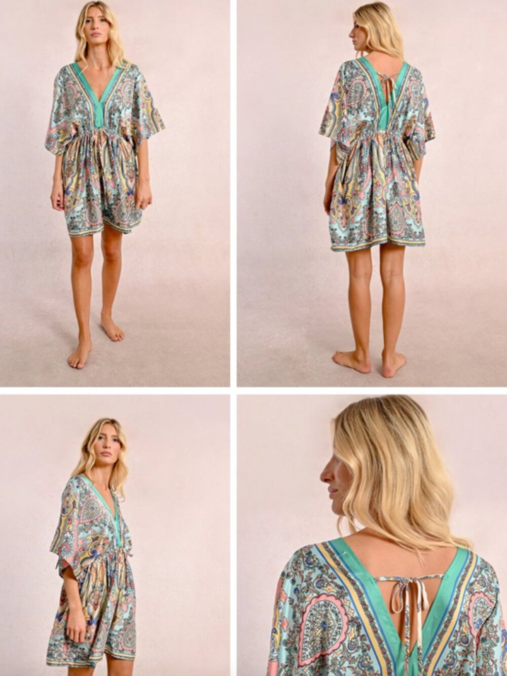 Festival Boho Paisley SHORT KIMONO STYLE DRESS - Teal Multi - OS - 70% SILK - Picture 3 of 17